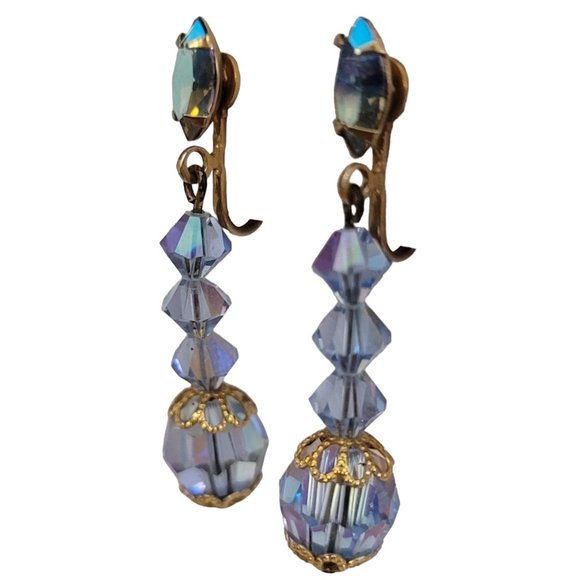 Blue AB Prong Set Navette Bead Dangle Clip-On Earrings E311 - Picture 3 of 8